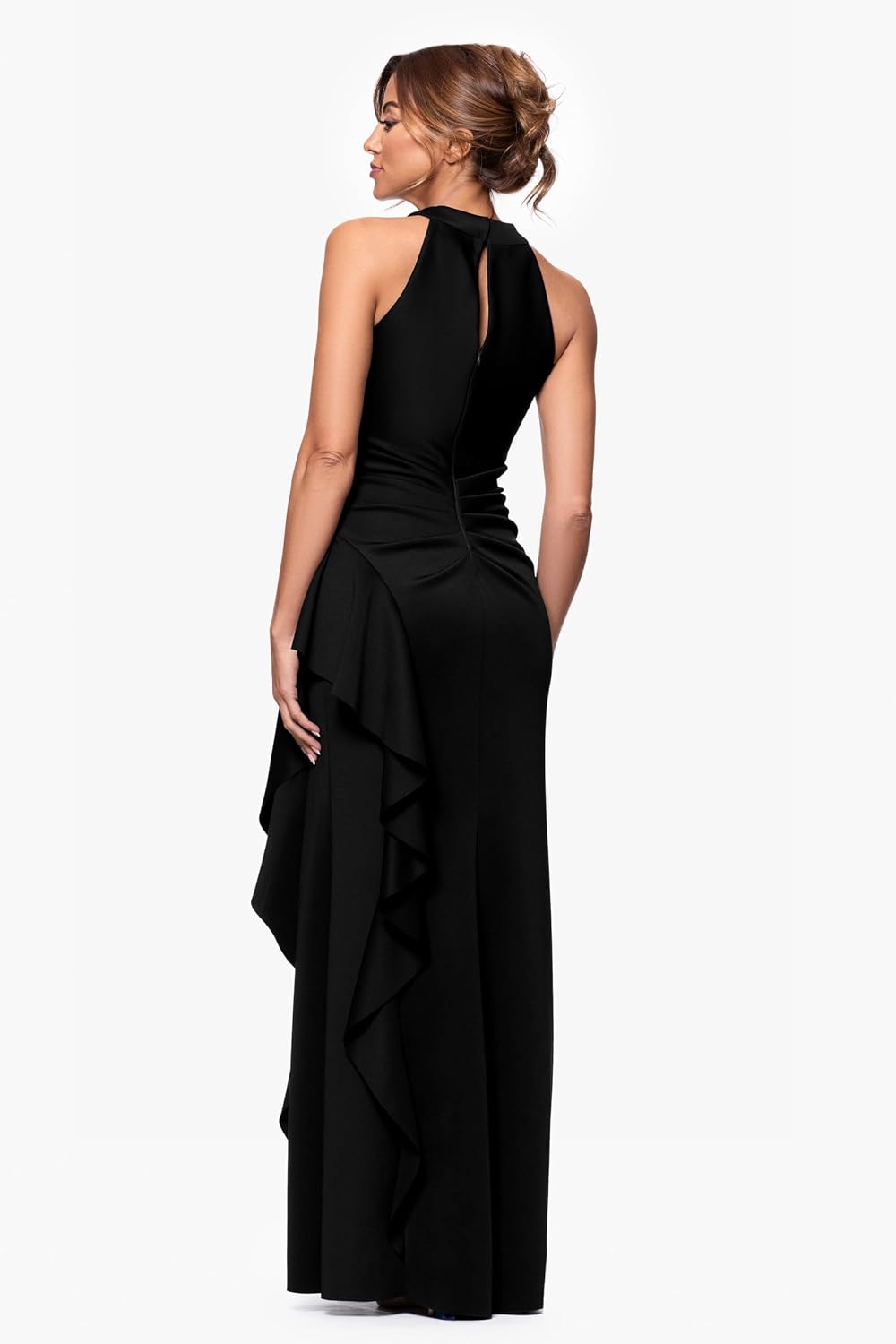 Women's bodycon halter neck evening dress in [color] with ruching detail and ruffle accents, styled for date night — view 2