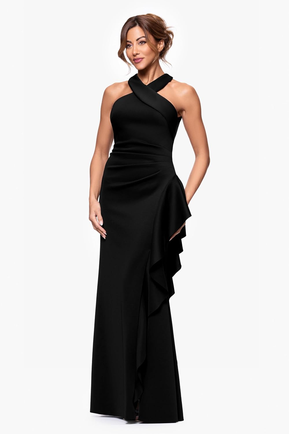 Women's bodycon halter neck evening dress in [color] with ruching detail and ruffle accents, styled for date night — view 3