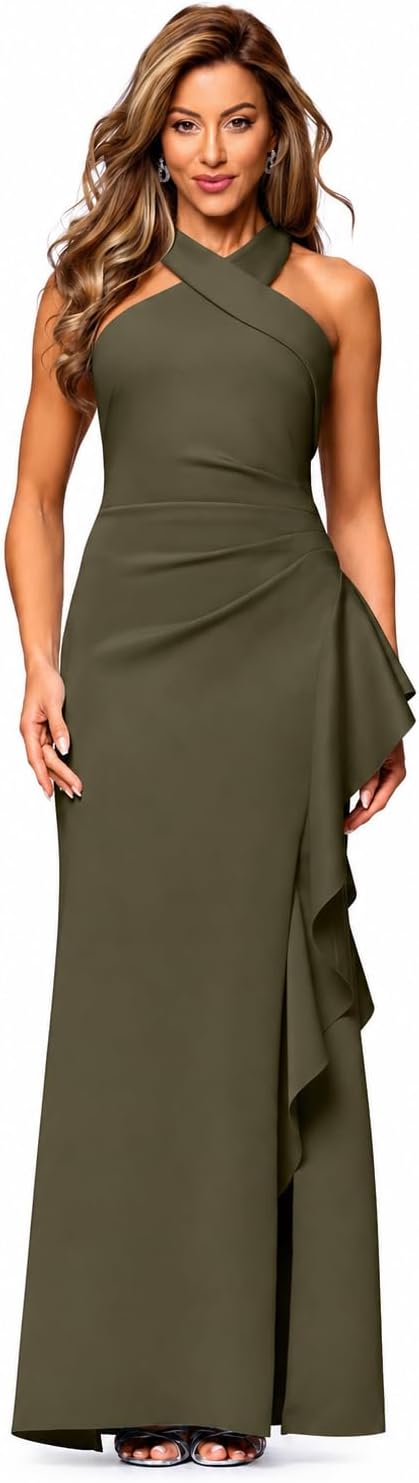 Women's bodycon halter neck evening dress in [color] with ruching detail and ruffle accents, styled for date night — view 3