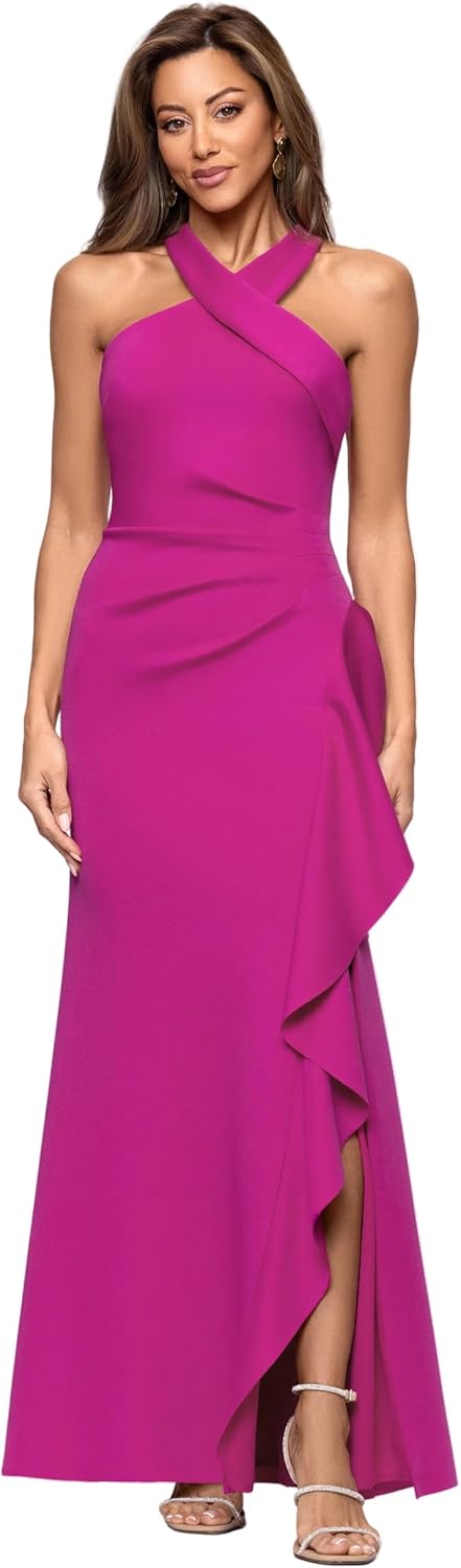 Women's bodycon halter neck evening dress in [color] with ruching detail and ruffle accents, styled for date night — view 4
