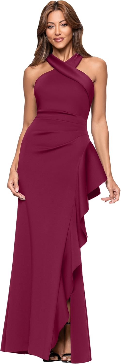 Women's bodycon halter neck evening dress in [color] with ruching detail and ruffle accents, styled for date night — view 5