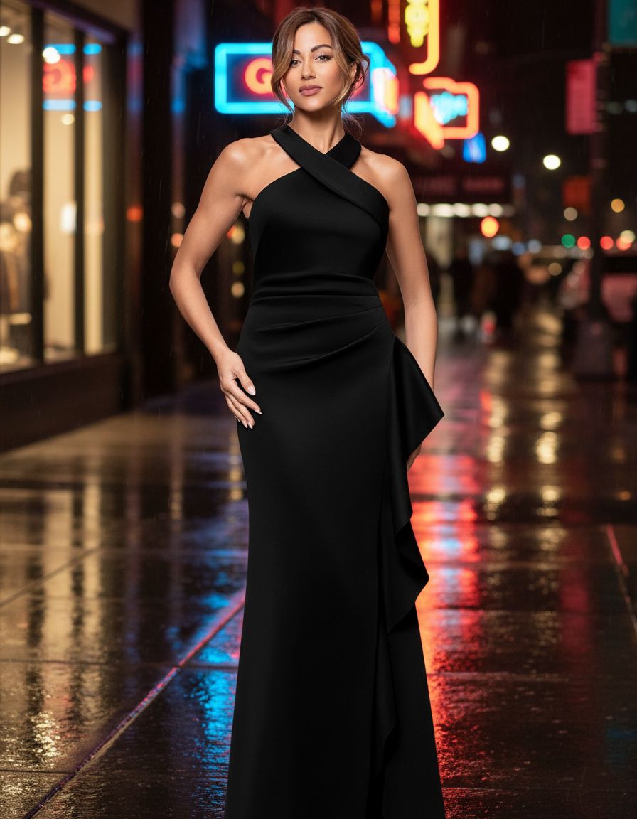 Women's bodycon halter neck evening dress in [color] with ruching detail and ruffle accents, styled for date night — view 3b