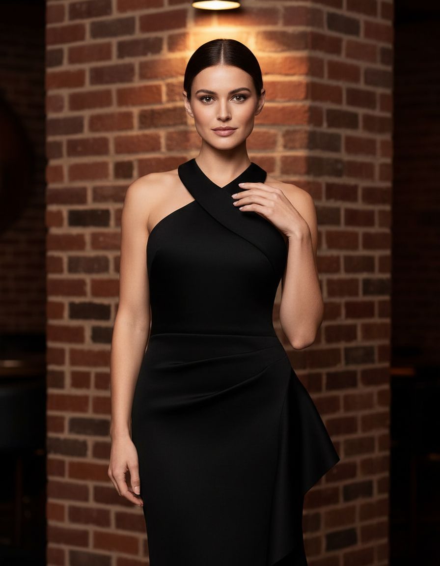 Women's bodycon halter neck evening dress in [color] with ruching detail and ruffle accents, styled for date night — view 7b