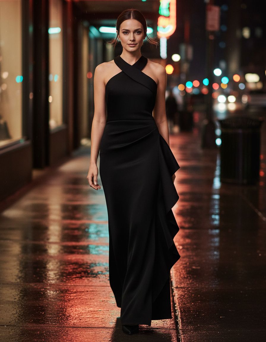 Women's bodycon halter neck evening dress in [color] with ruching detail and ruffle accents, styled for date night — view 3a