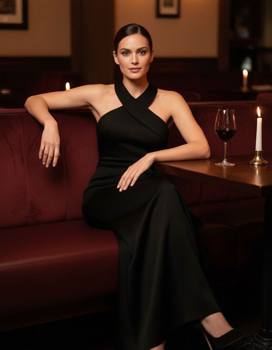 Women's bodycon halter neck evening dress in [color] with ruching detail and ruffle accents, styled for date night — view 4