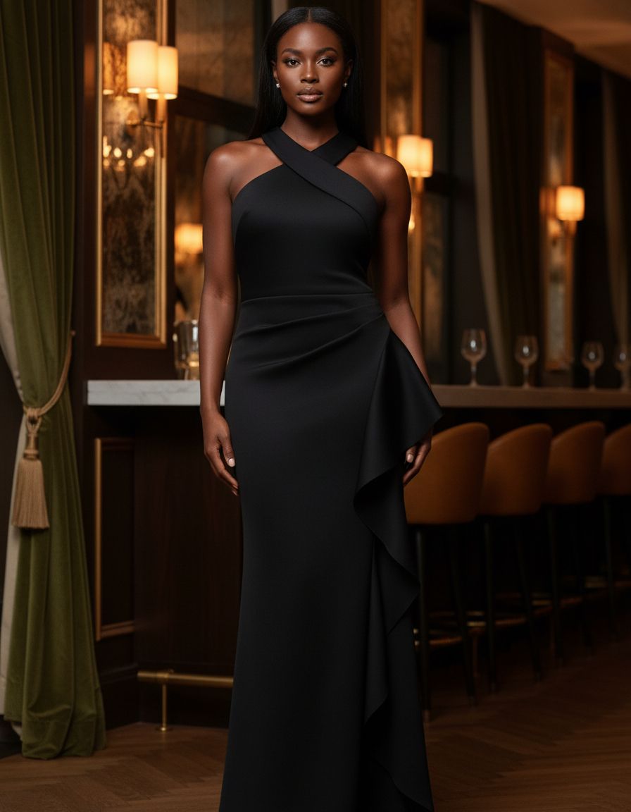 Women's bodycon halter neck evening dress in [color] with ruching detail and ruffle accents, styled for date night — view 6