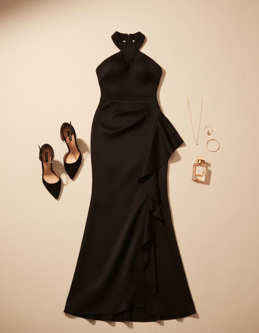 Women's bodycon halter neck evening dress in [color] with ruching detail and ruffle accents, styled for date night — view 7a