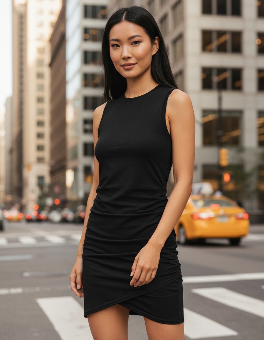 Classic business casual dress for women in [color], professional office wear with [detail], full-length view — view 3b