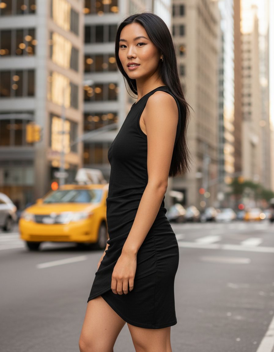 Classic business casual dress for women in [color], professional office wear with [detail], full-length view — view 5b