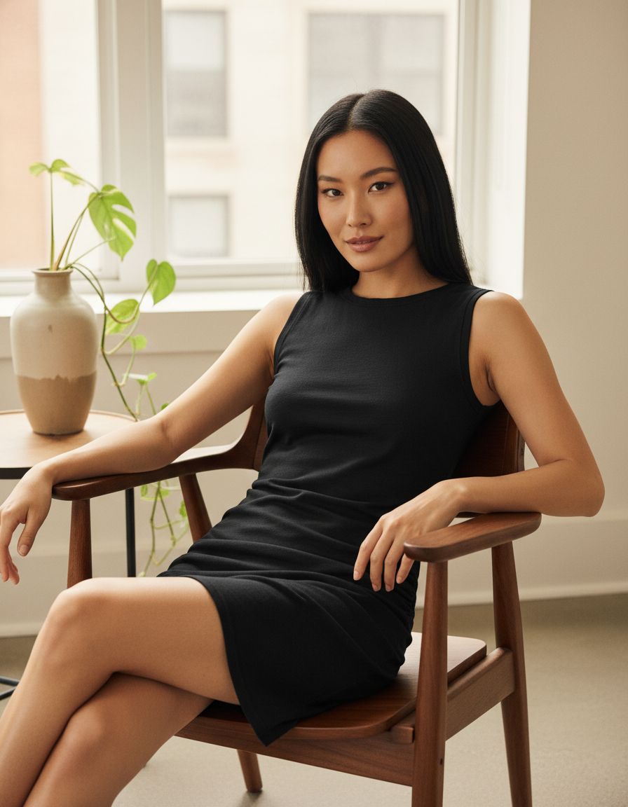 Classic business casual dress for women in [color], professional office wear with [detail], full-length view — view 4