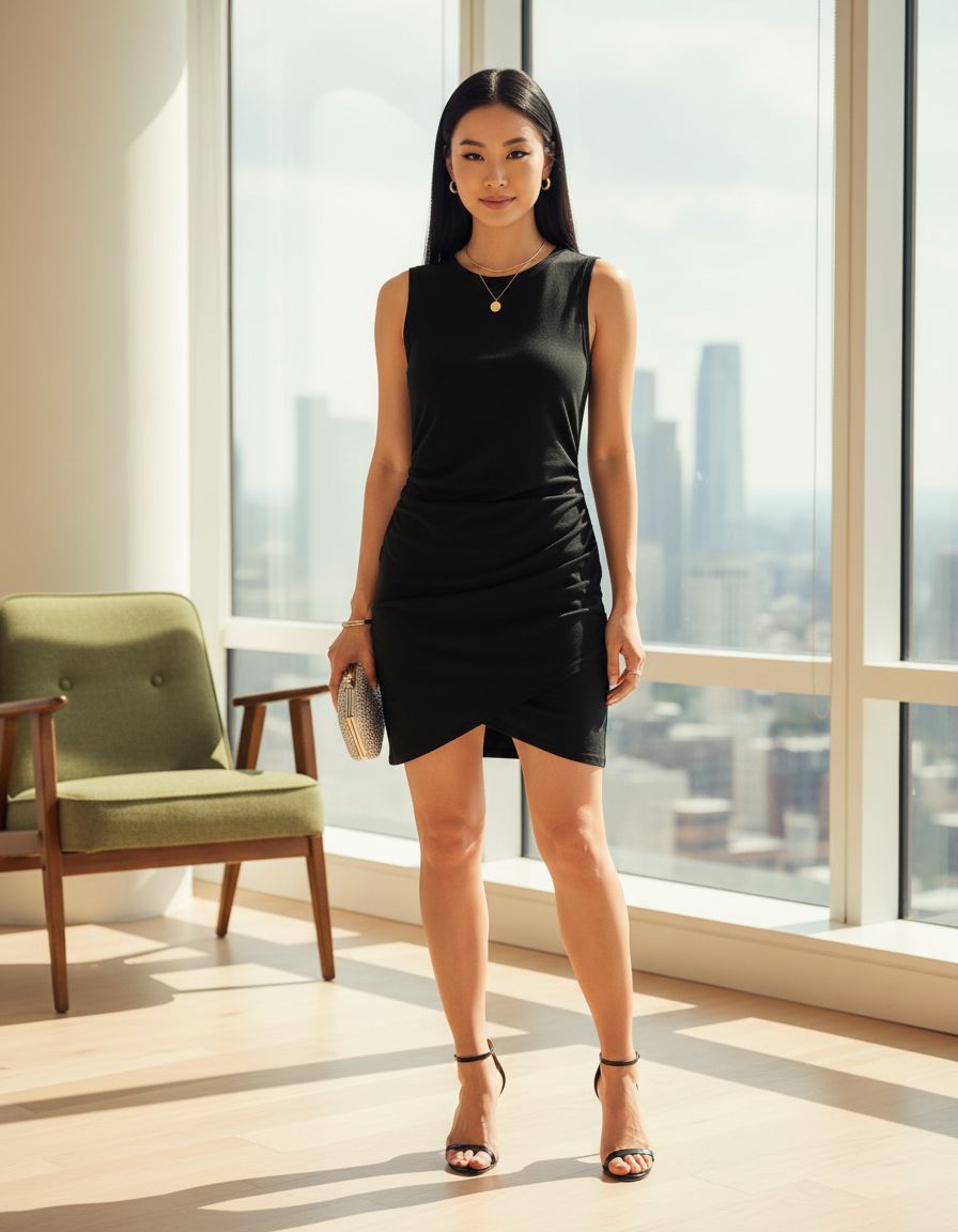Classic business casual dress for women in [color], professional office wear with [detail], full-length view — view 5a