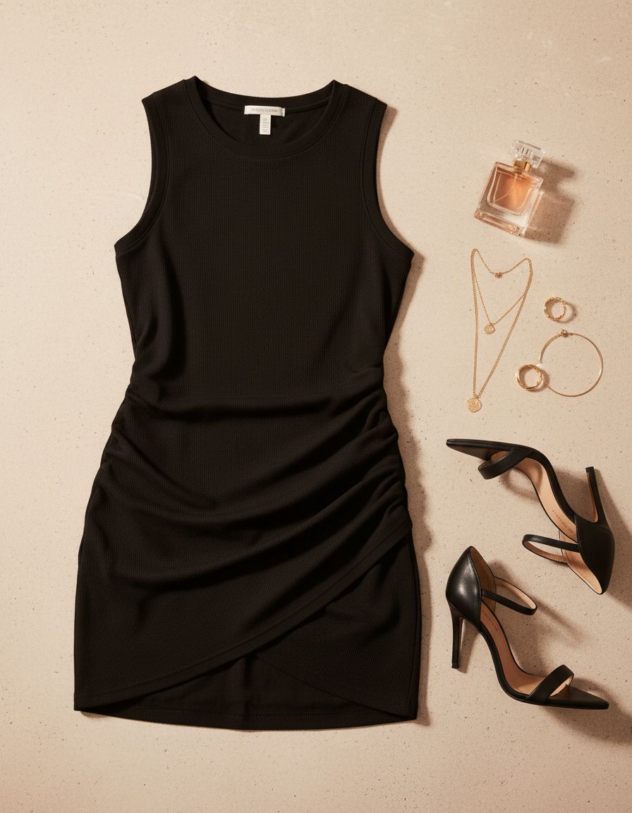 Classic business casual dress for women in [color], professional office wear with [detail], full-length view — view 7a