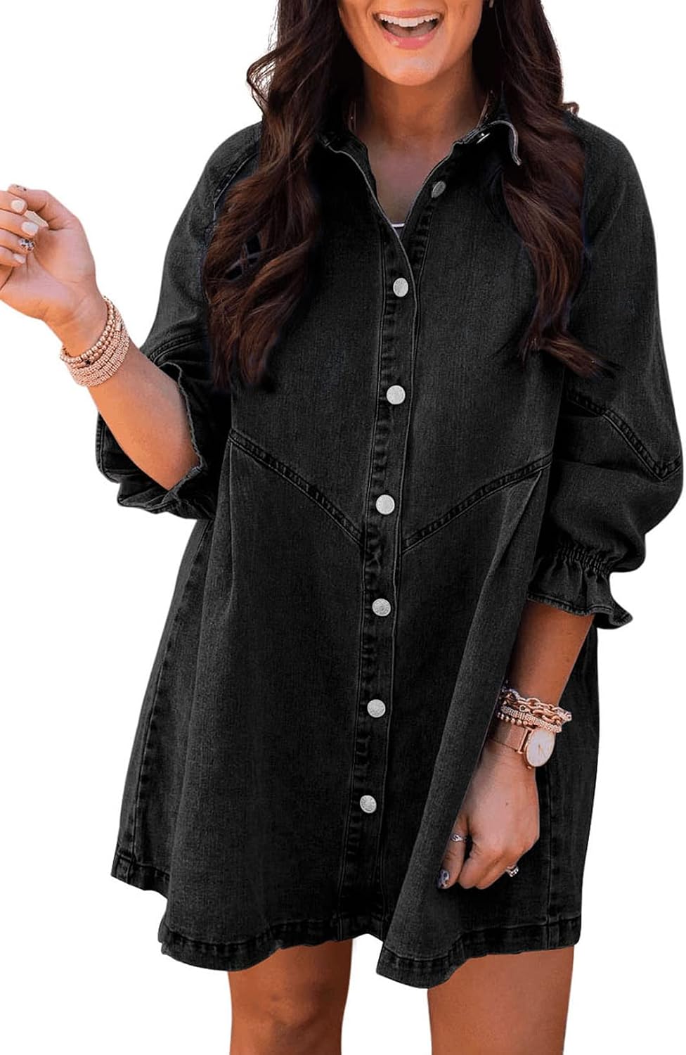 Womens smocked 3/4 sleeve button down denim dress in classic blue, styled for casual weekend wear — front