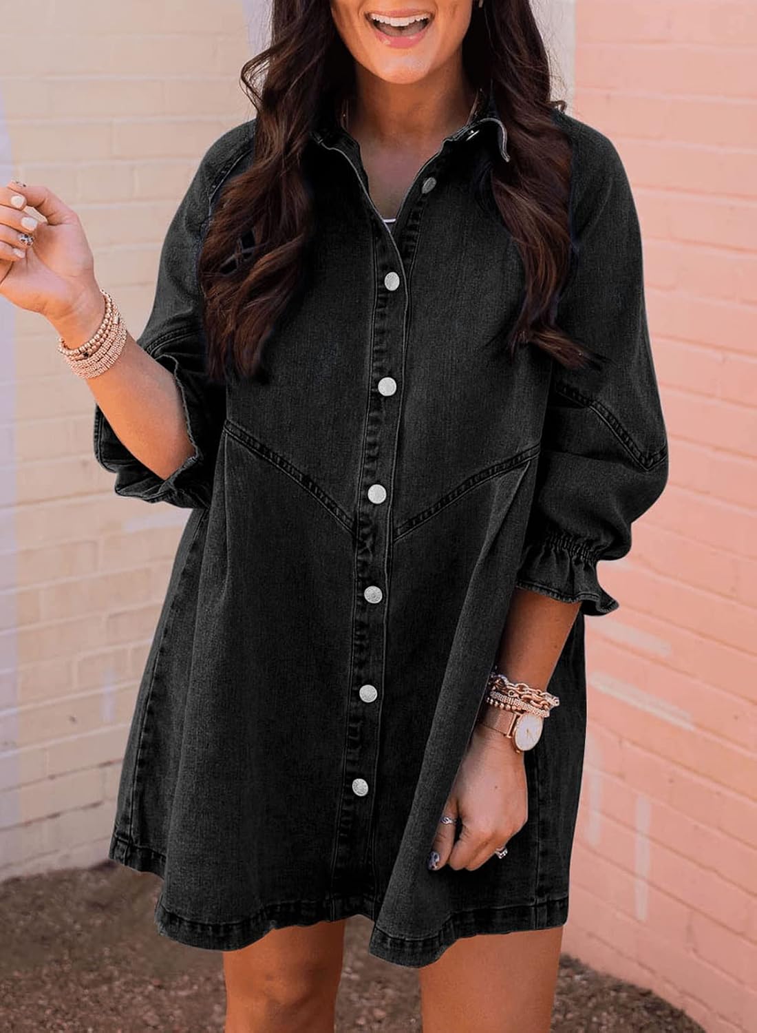 Womens smocked 3/4 sleeve button down denim dress in classic blue, styled for casual weekend wear — side