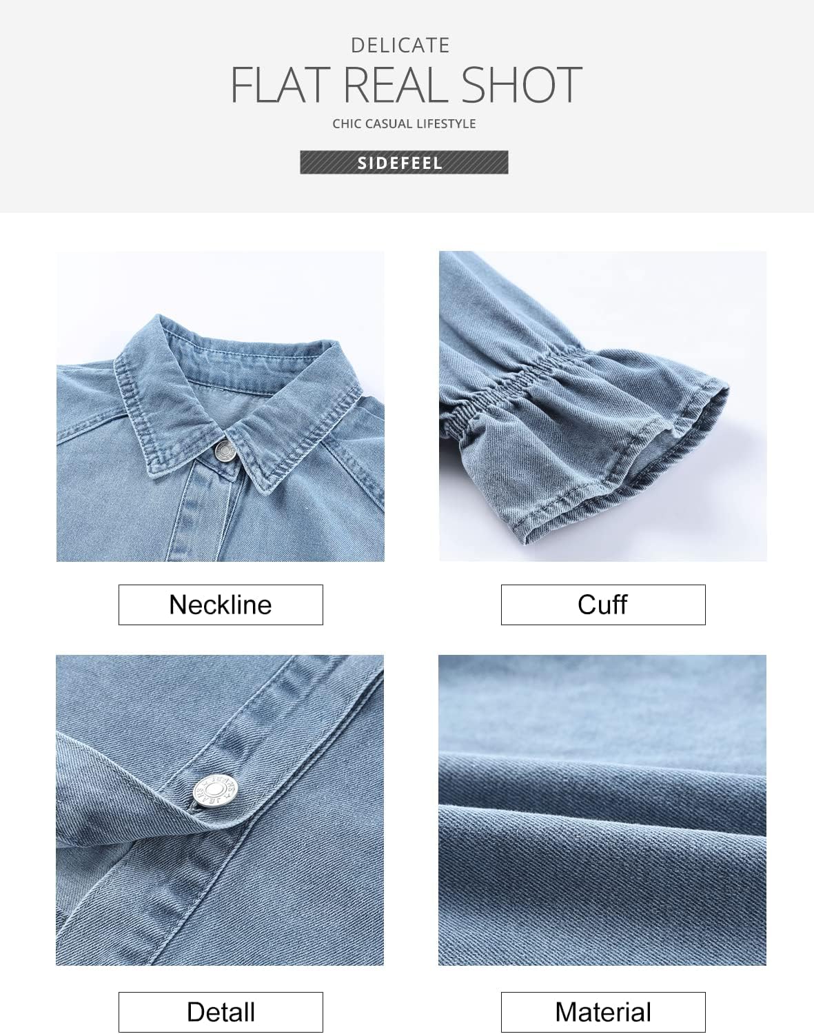 Womens smocked 3/4 sleeve button down denim dress in classic blue, styled for casual weekend wear — view 2
