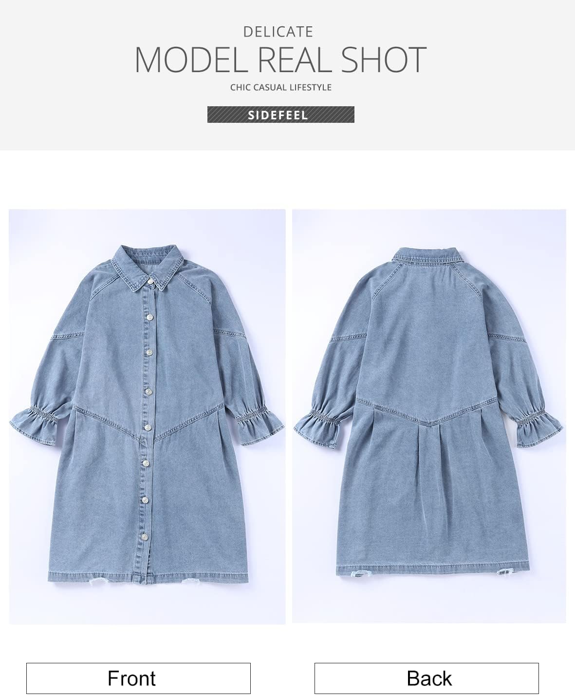 Womens smocked 3/4 sleeve button down denim dress in classic blue, styled for casual weekend wear — view 3