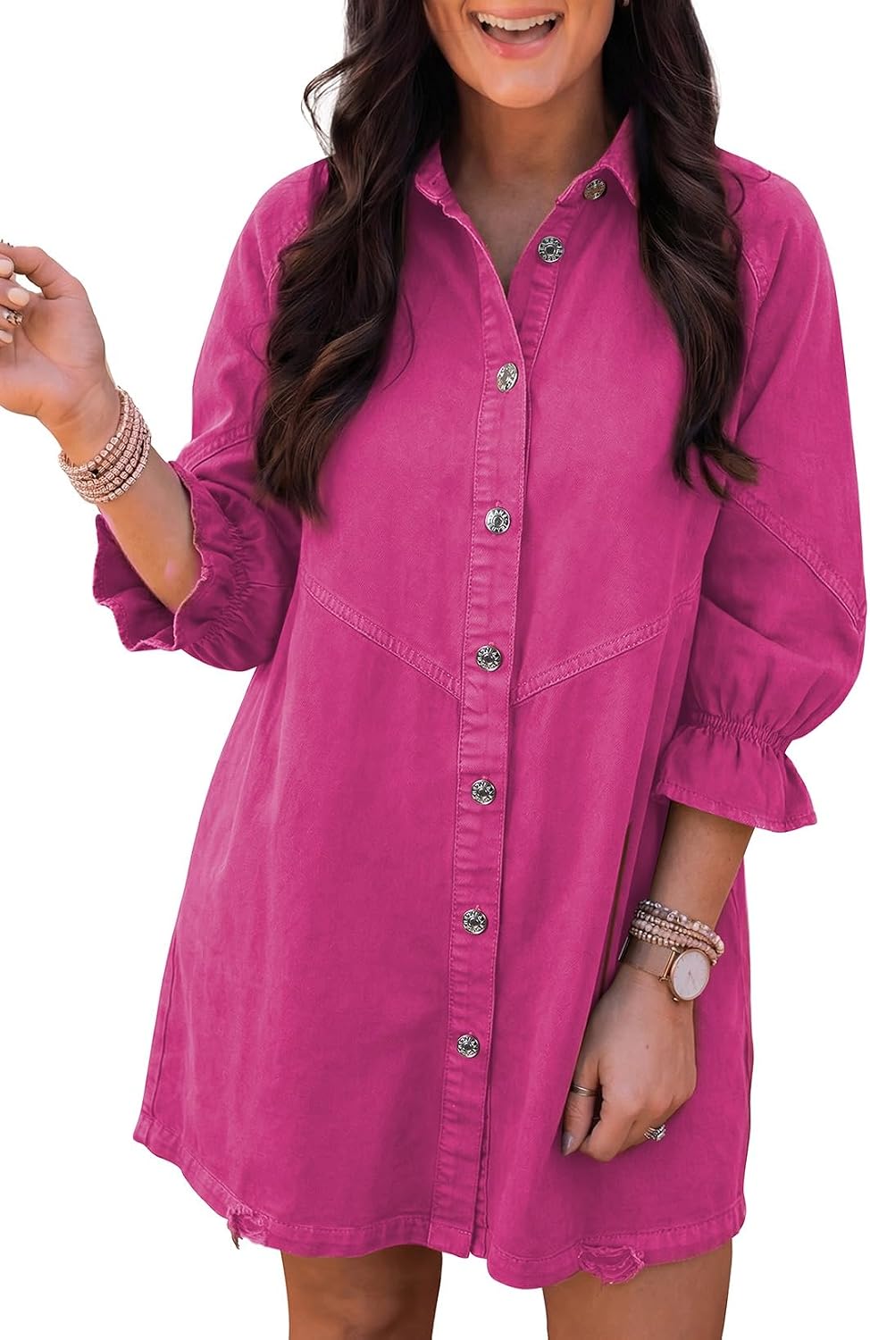 Womens smocked 3/4 sleeve button down denim dress in classic blue, styled for casual weekend wear — view 4