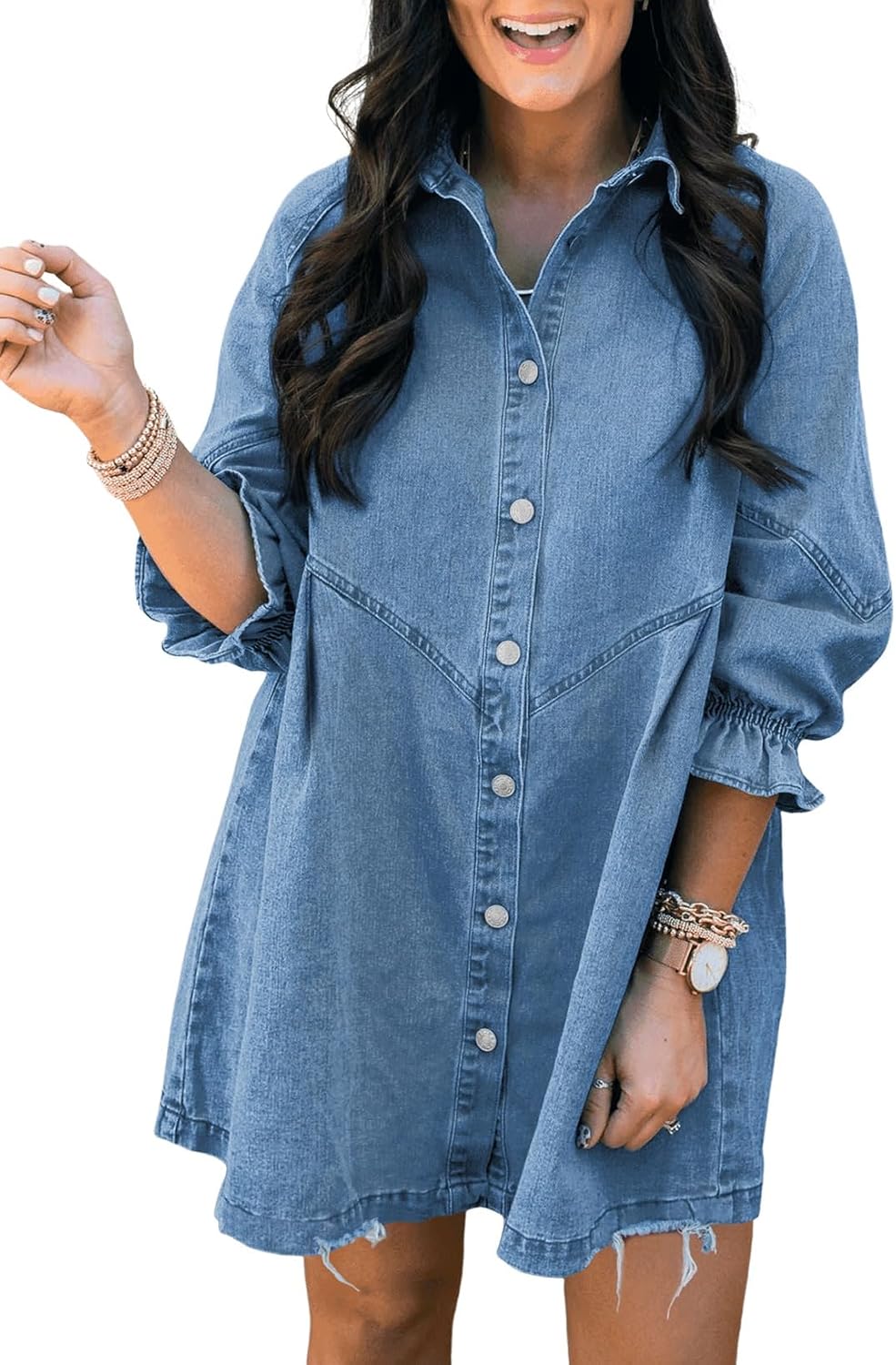 Womens smocked 3/4 sleeve button down denim dress in classic blue, styled for casual weekend wear — view 5
