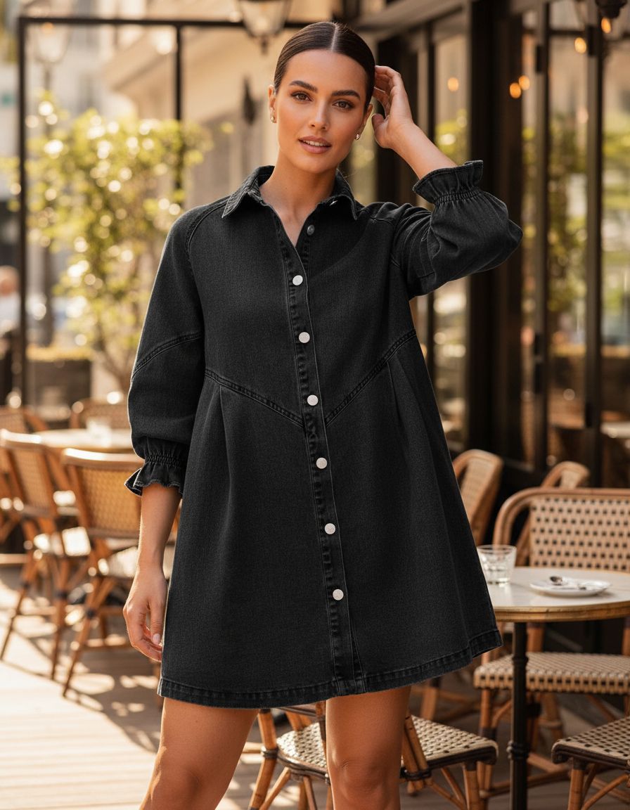 Womens smocked 3/4 sleeve button down denim dress in classic blue, styled for casual weekend wear — editorial hero