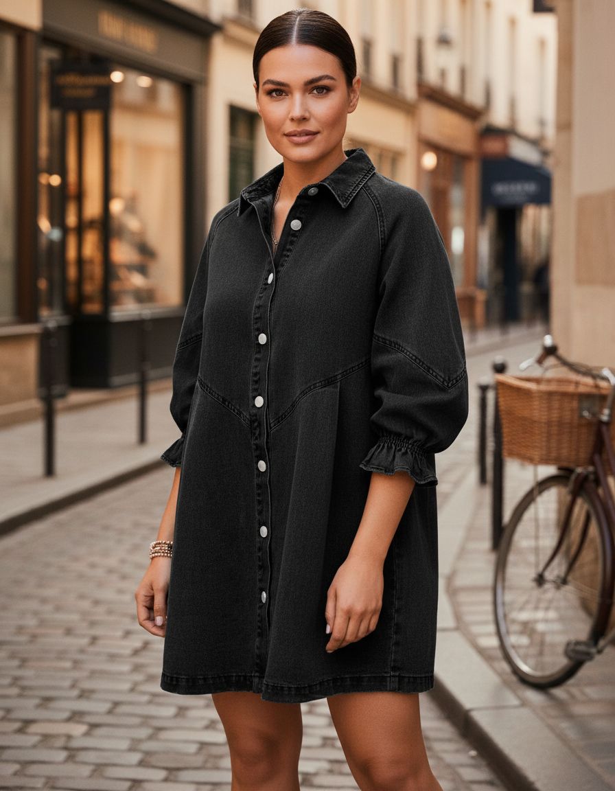Womens smocked 3/4 sleeve button down denim dress in classic blue, styled for casual weekend wear — view 3b