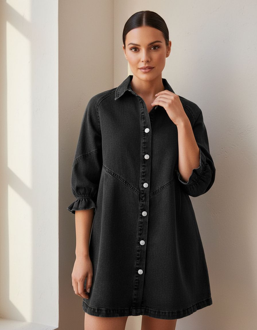 Womens smocked 3/4 sleeve button down denim dress in classic blue, styled for casual weekend wear — view 7b