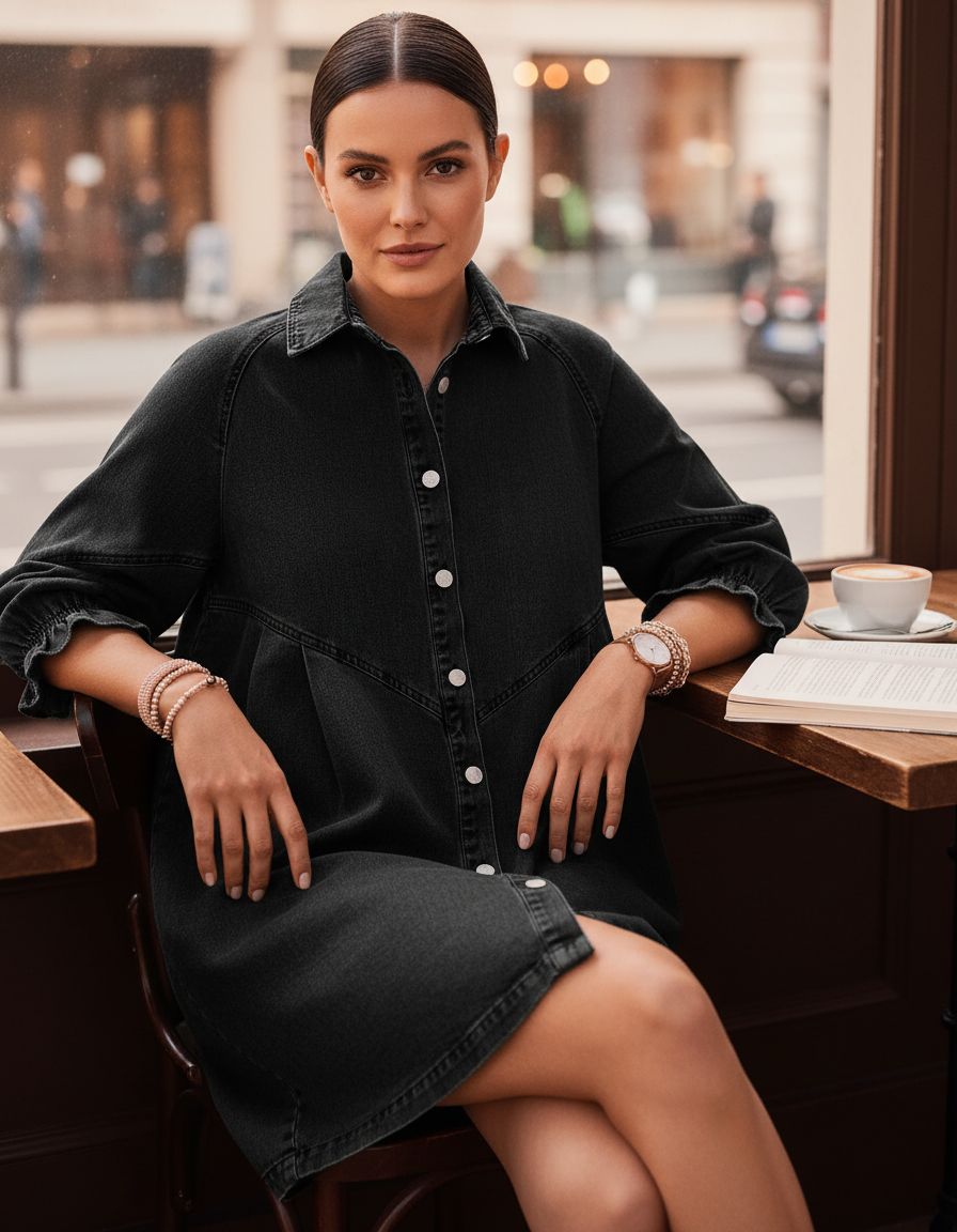 Womens smocked 3/4 sleeve button down denim dress in classic blue, styled for casual weekend wear — view 4