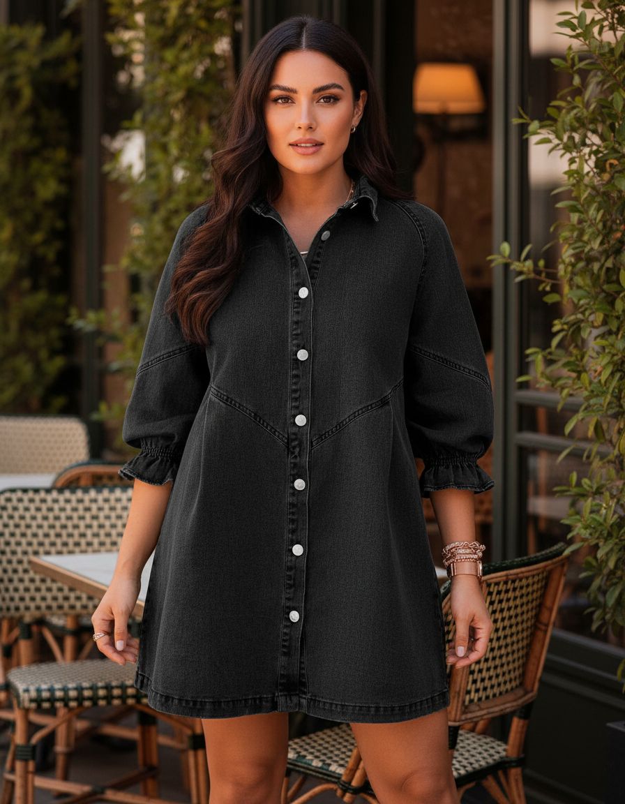 Womens smocked 3/4 sleeve button down denim dress in classic blue, styled for casual weekend wear — view 6