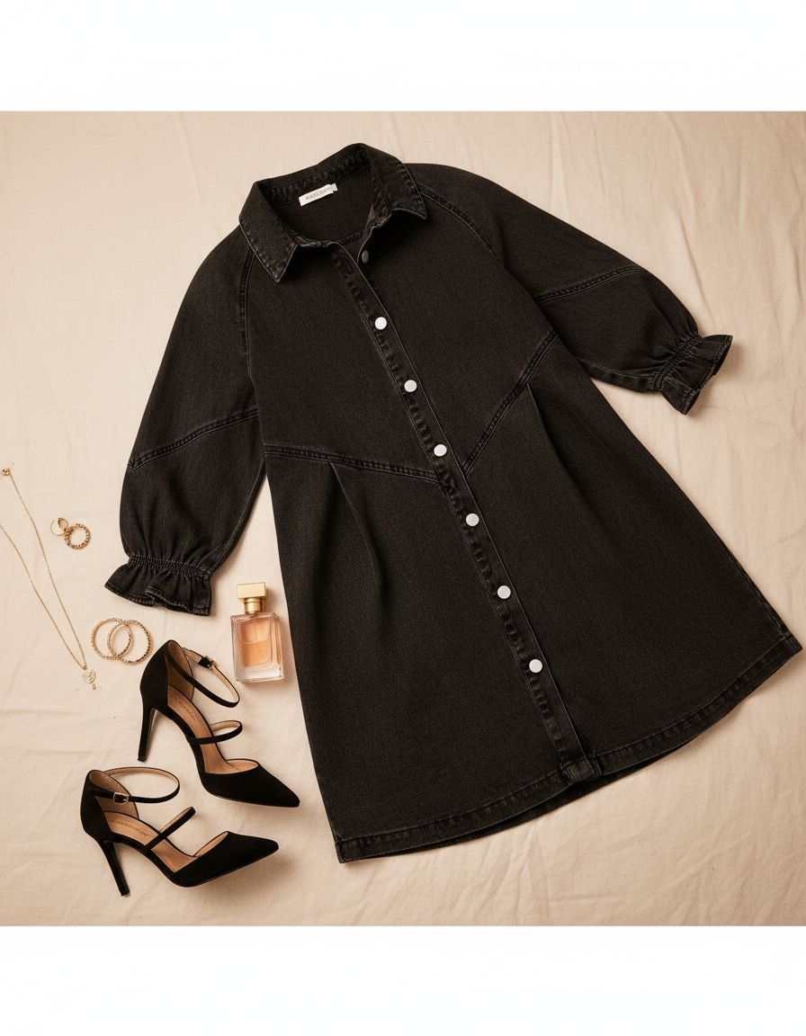Womens smocked 3/4 sleeve button down denim dress in classic blue, styled for casual weekend wear — view 7a