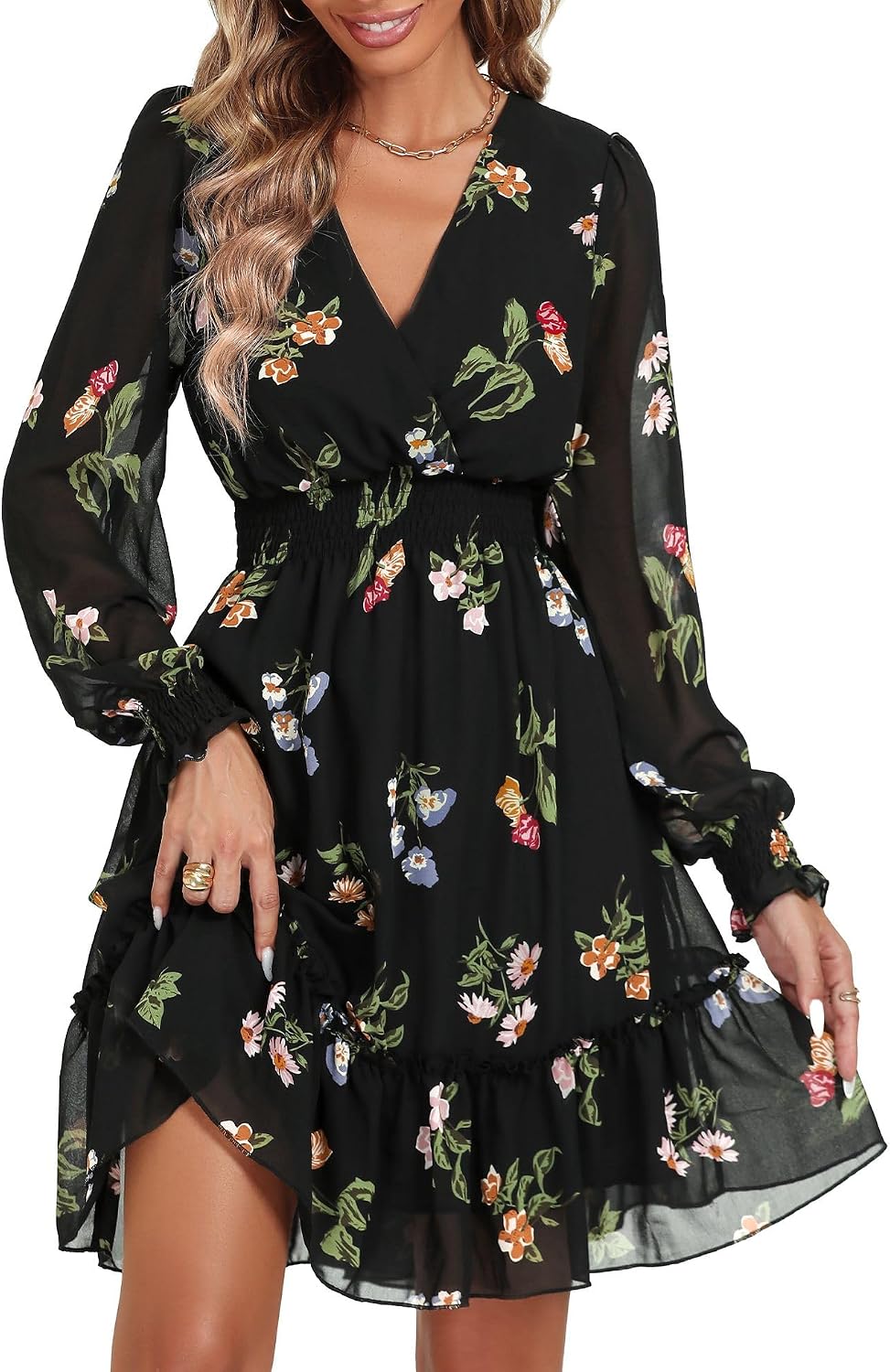 Women's floral chiffon A-line dress with long sleeves, wrap neckline, and tie back detail in romantic print — view 1