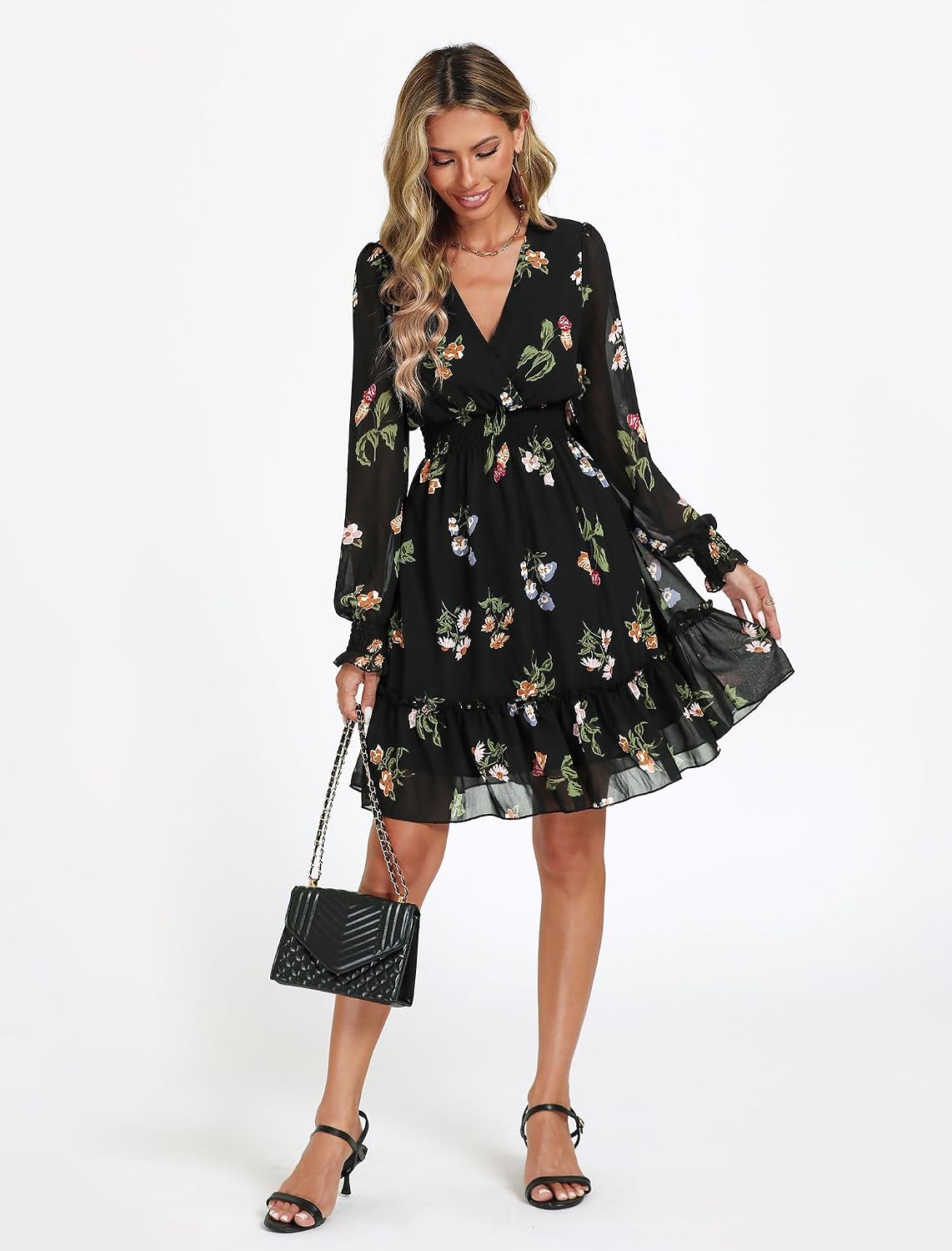 Women's floral chiffon A-line dress with long sleeves, wrap neckline, and tie back detail in romantic print — view 3