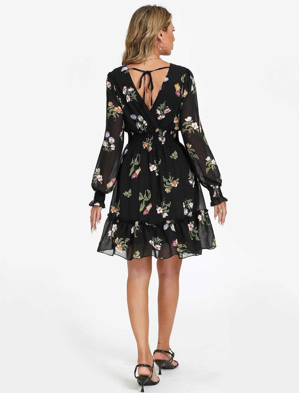 Women's floral chiffon A-line dress with long sleeves, wrap neckline, and tie back detail in romantic print — view 4