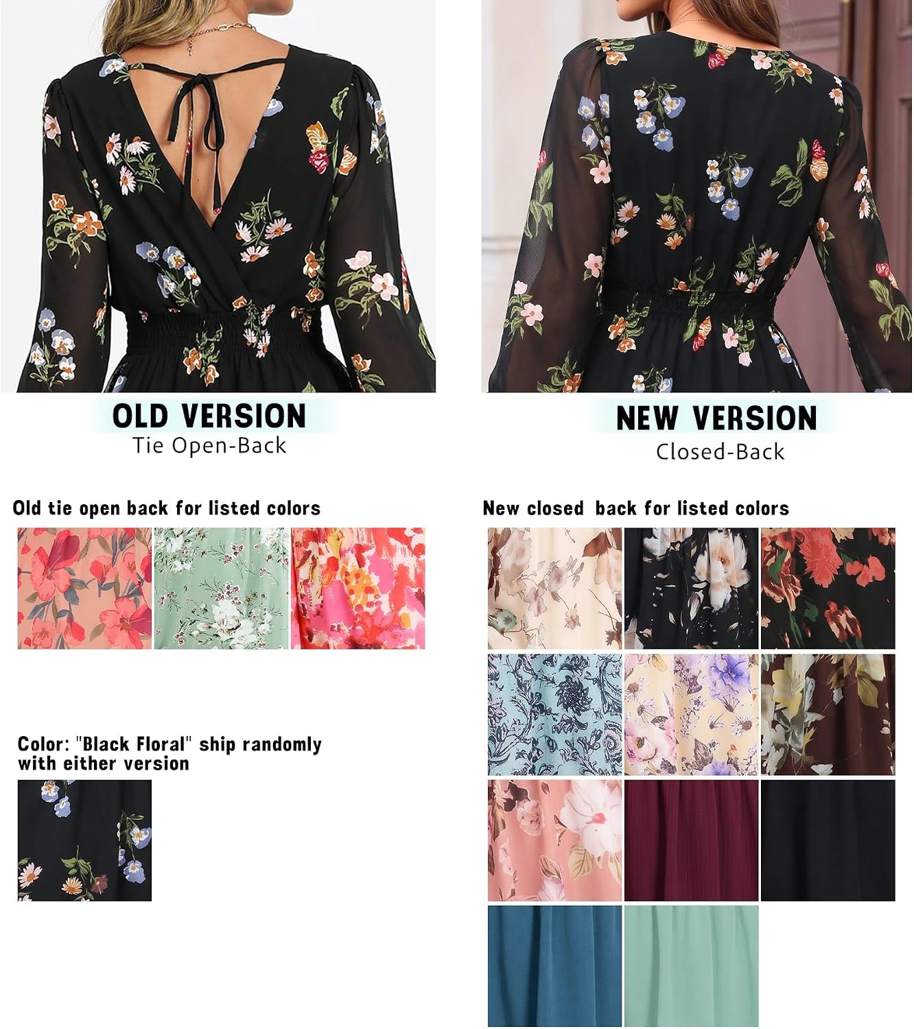 Women's floral chiffon A-line dress with long sleeves, wrap neckline, and tie back detail in romantic print — view 2