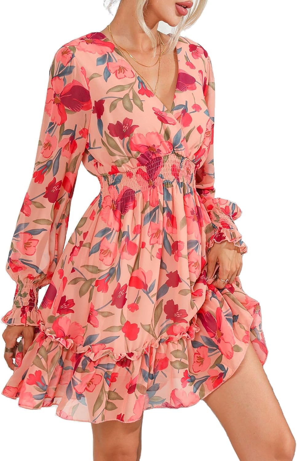 Women's floral chiffon A-line dress with long sleeves, wrap neckline, and tie back detail in romantic print — view 3