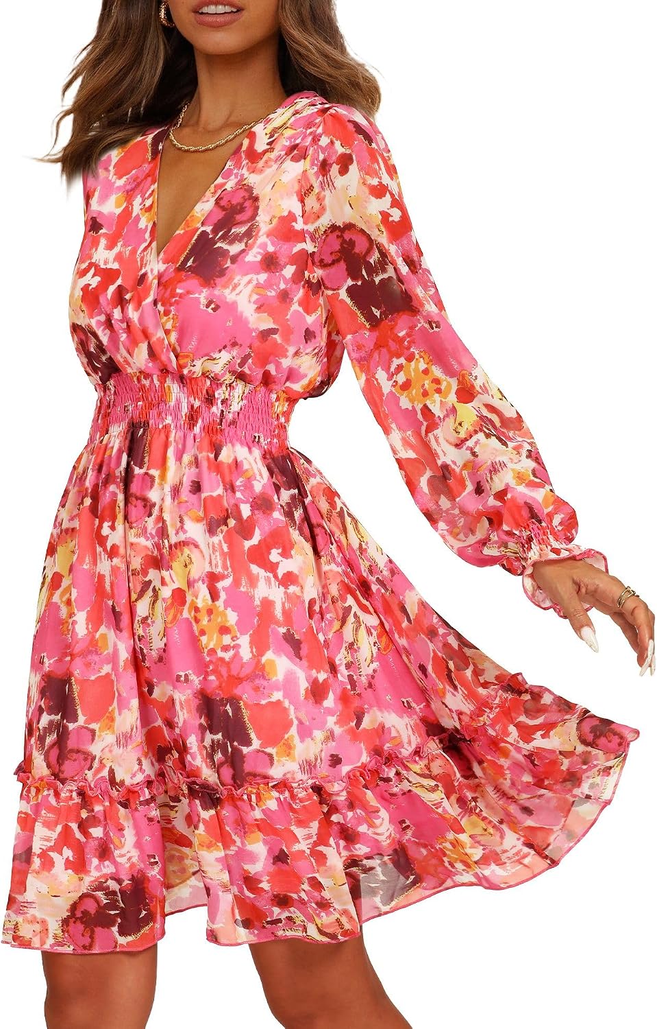 Women's floral chiffon A-line dress with long sleeves, wrap neckline, and tie back detail in romantic print — view 4