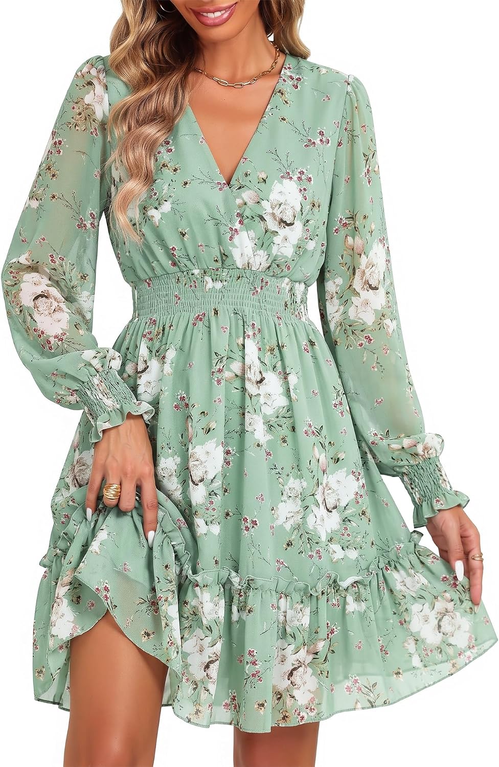 Women's floral chiffon A-line dress with long sleeves, wrap neckline, and tie back detail in romantic print — view 5