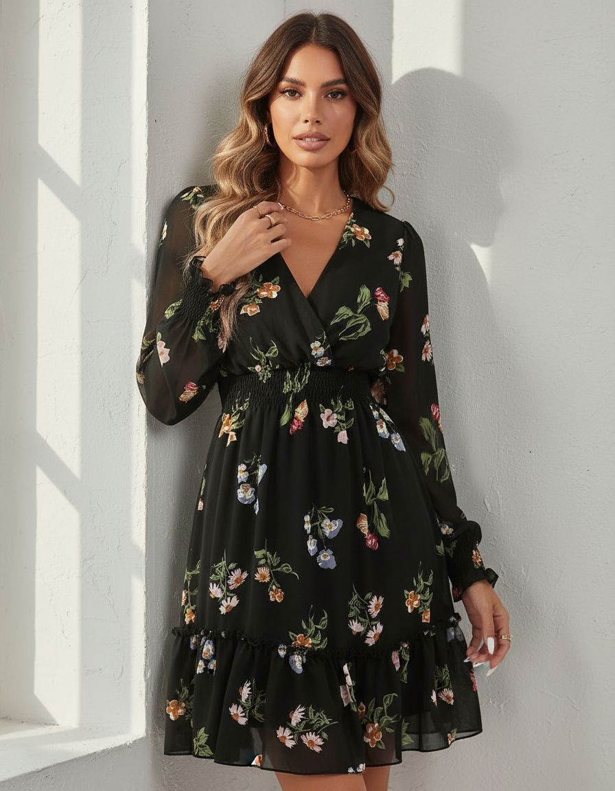 Women's floral chiffon A-line dress with long sleeves, wrap neckline, and tie back detail in romantic print — view 7b