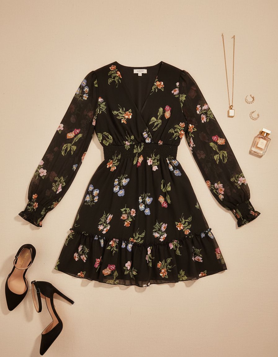 Women's floral chiffon A-line dress with long sleeves, wrap neckline, and tie back detail in romantic print — view 7a