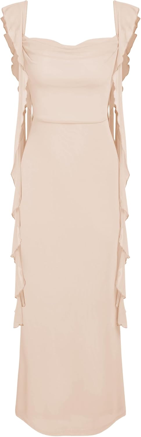 Sleeveless mesh ruffle maxi dress in [color] worn as a wedding guest outfit — view 4