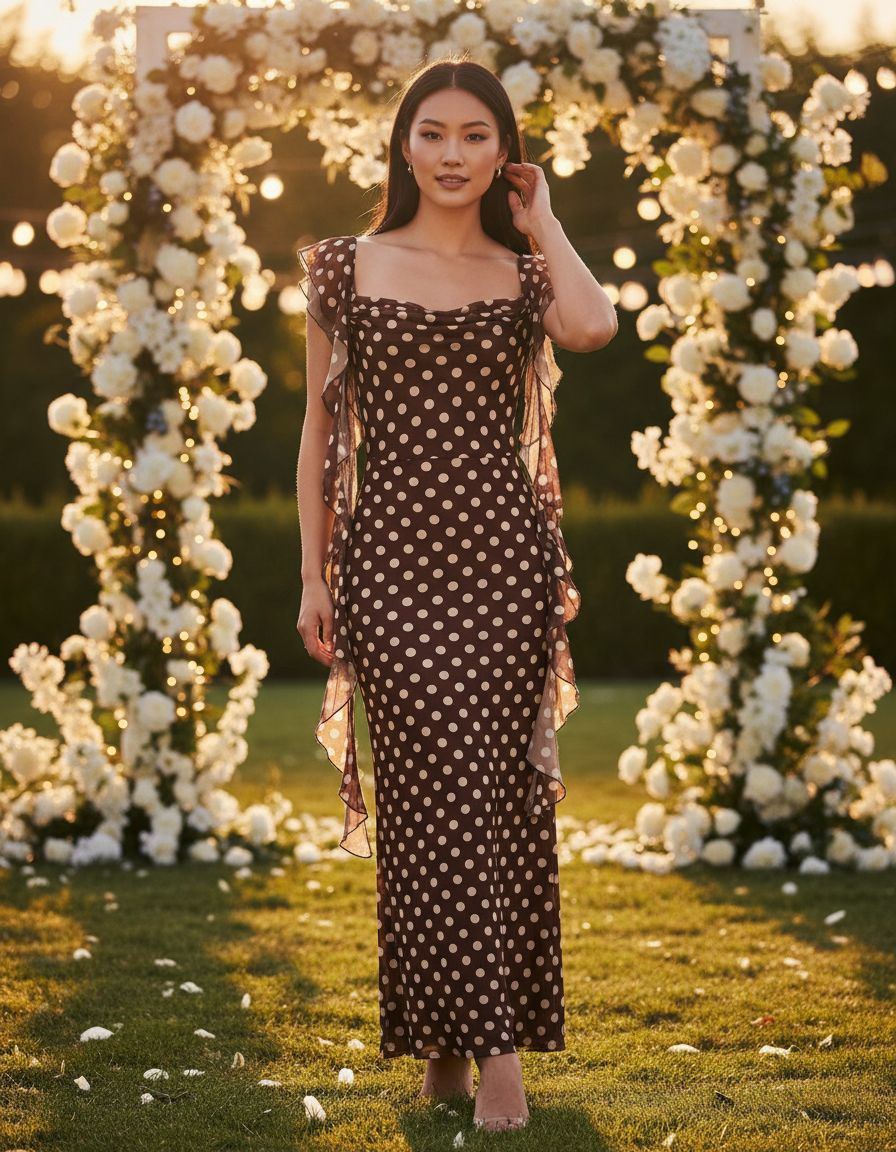 Sleeveless mesh ruffle maxi dress in [color] worn as a wedding guest outfit — editorial hero