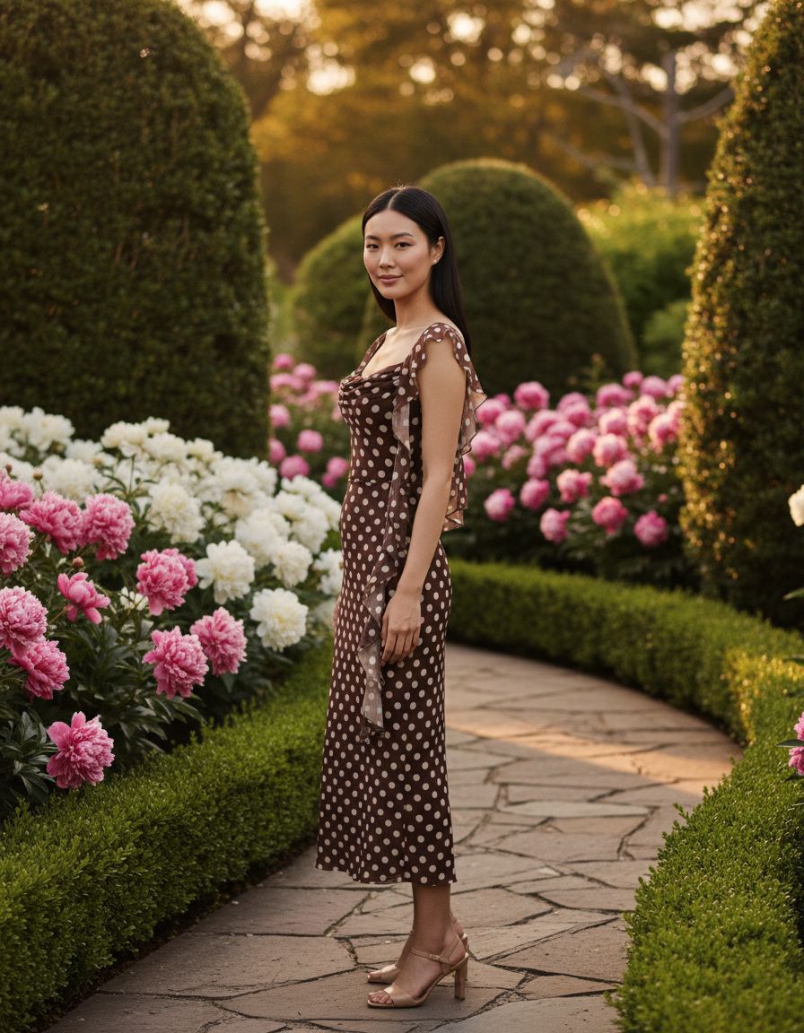Sleeveless mesh ruffle maxi dress in [color] worn as a wedding guest outfit — view 5b