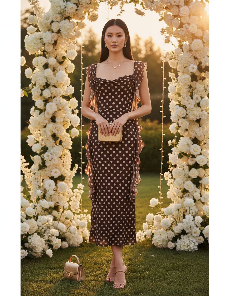 Sleeveless mesh ruffle maxi dress in [color] worn as a wedding guest outfit — view 5a