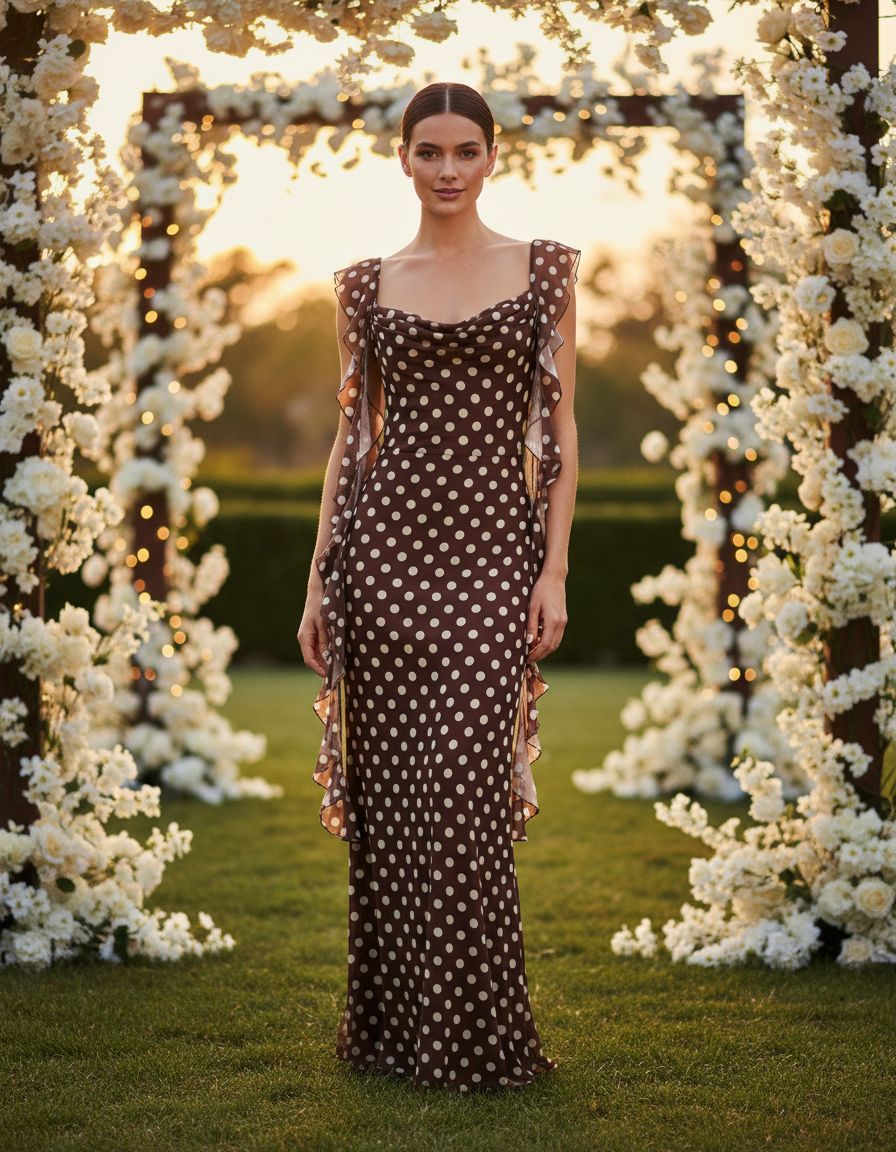 Sleeveless mesh ruffle maxi dress in [color] worn as a wedding guest outfit — view 6