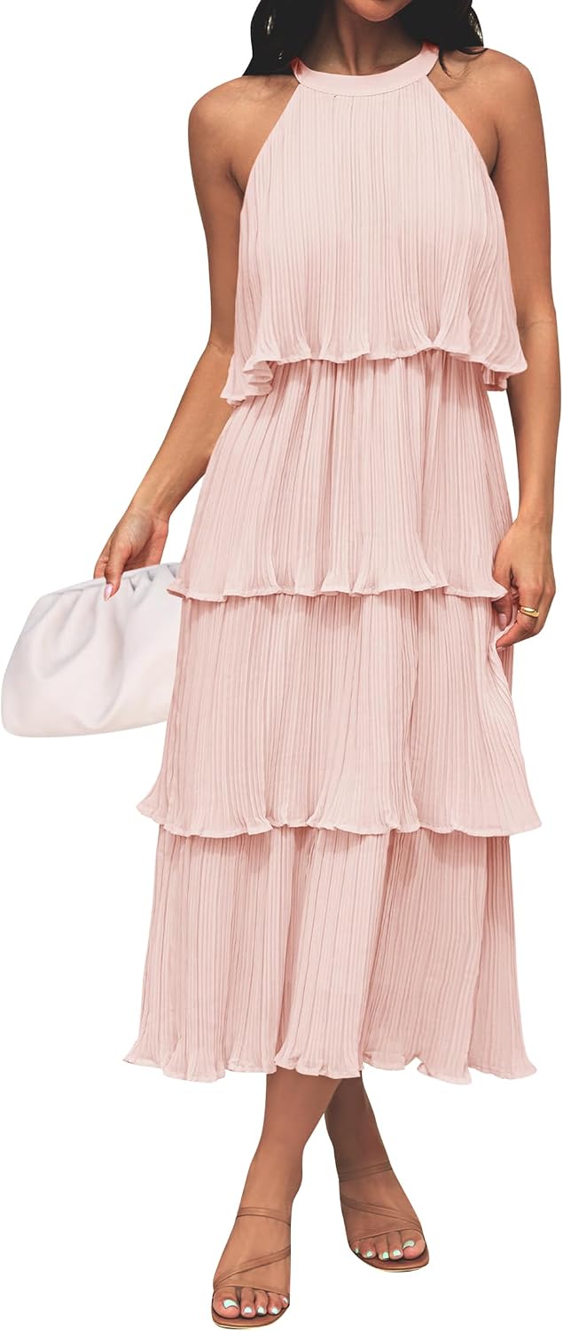 Romantic halter ruffle midi dress in [color] worn as summer wedding guest outfit — front