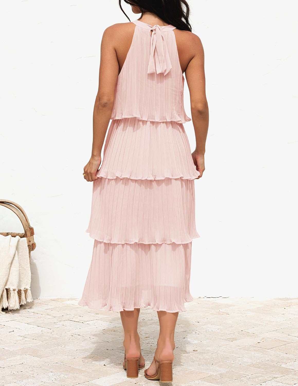 Romantic halter ruffle midi dress in [color] worn as summer wedding guest outfit — view 2