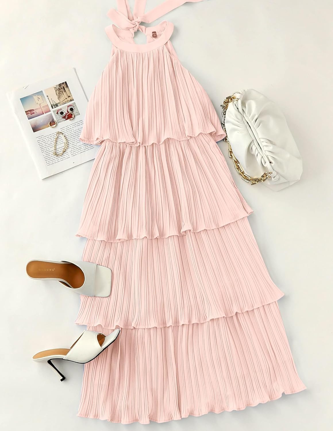 Romantic halter ruffle midi dress in [color] worn as summer wedding guest outfit — view 4