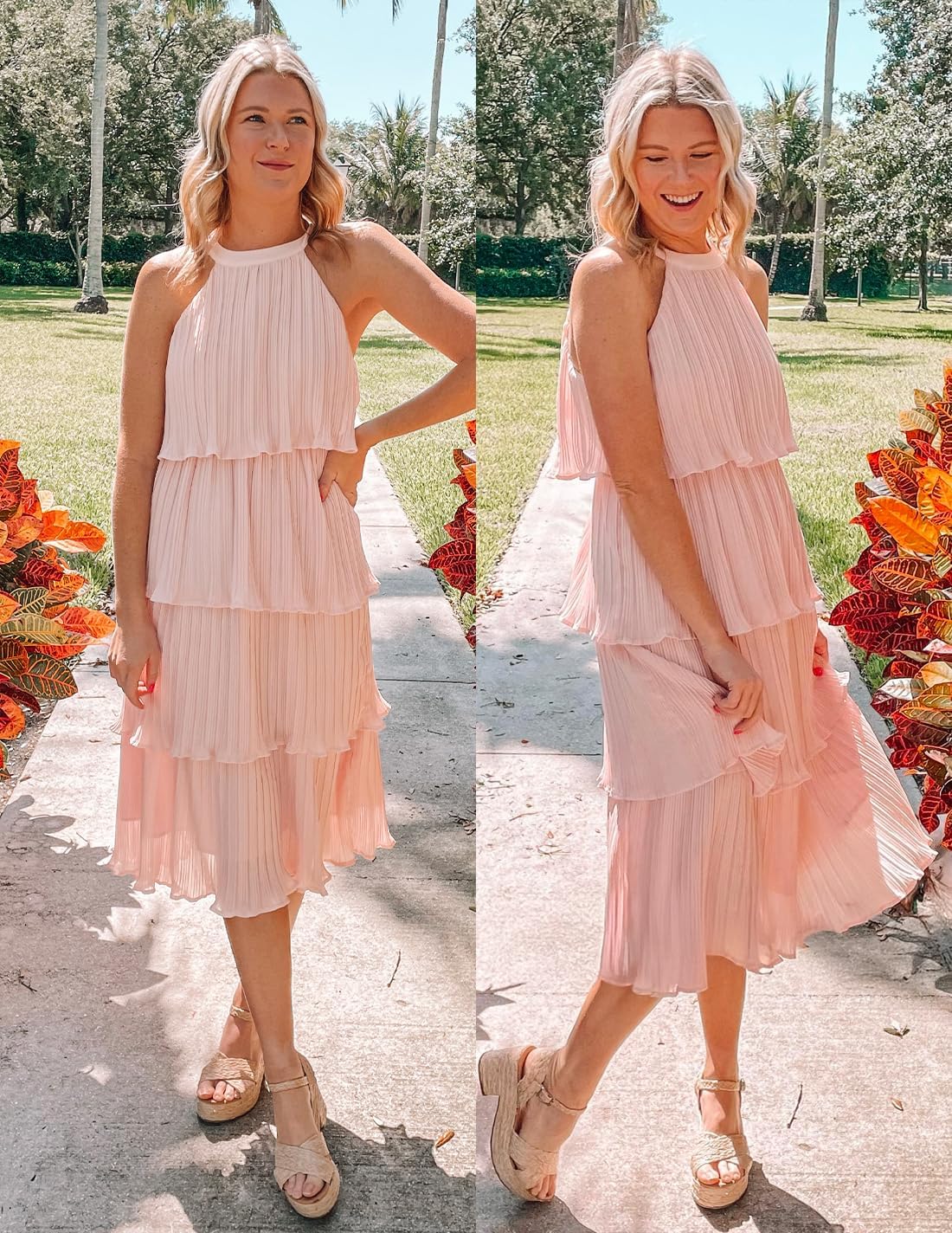 Romantic halter ruffle midi dress in [color] worn as summer wedding guest outfit — view 5