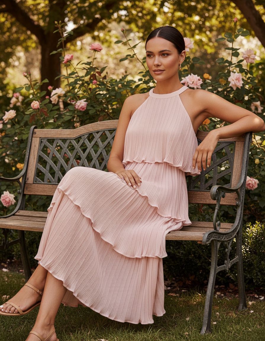 Romantic halter ruffle midi dress in [color] worn as summer wedding guest outfit — view 2