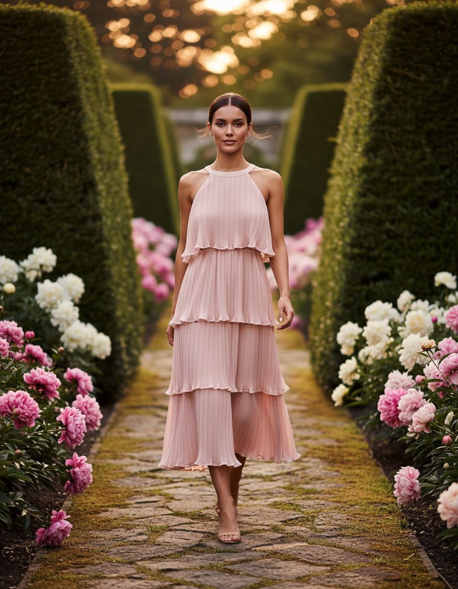 Romantic halter ruffle midi dress in [color] worn as summer wedding guest outfit — view 3a