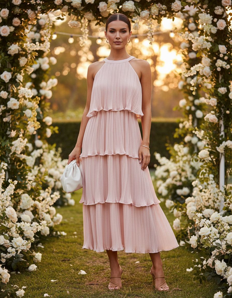 Romantic halter ruffle midi dress in [color] worn as summer wedding guest outfit — view 5a