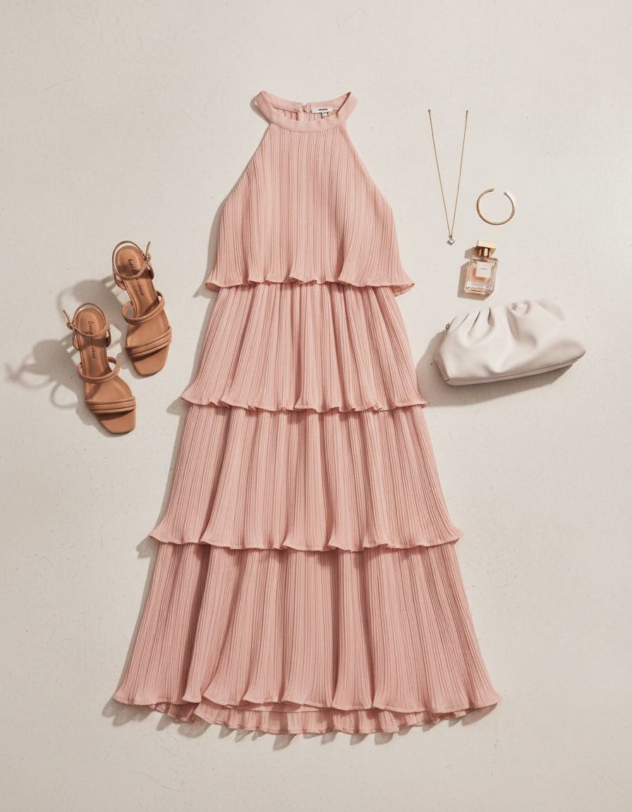 Romantic halter ruffle midi dress in [color] worn as summer wedding guest outfit — view 7a